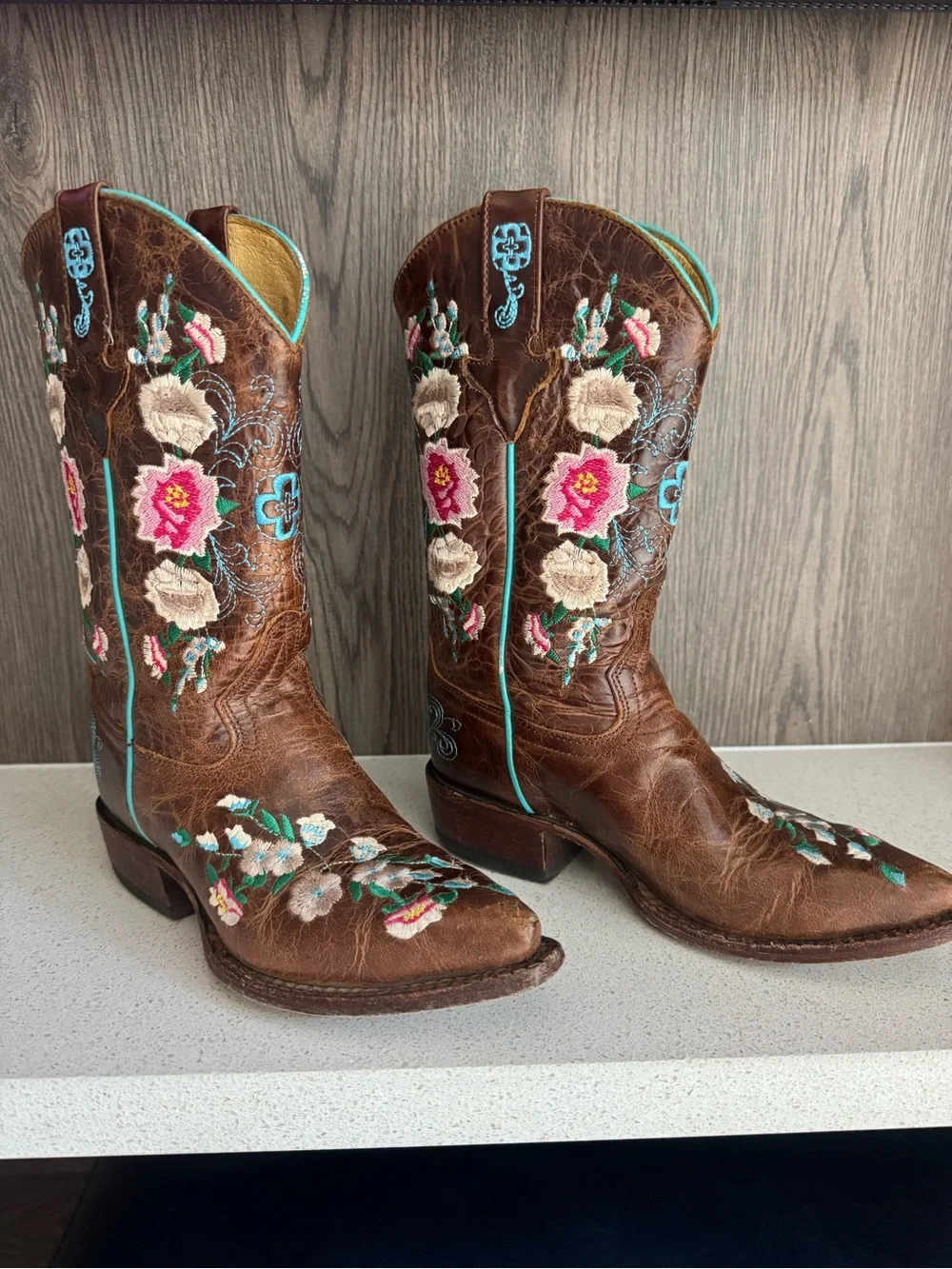 Macie Bean Brown Cowboy Boots with Turquoise Piping and Pink Floral Embroidery